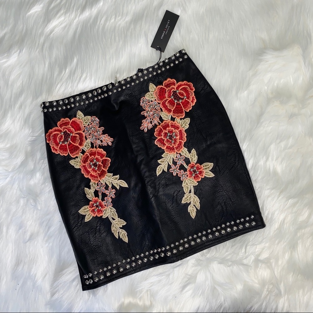 Faux Leather Embroidered Skirt